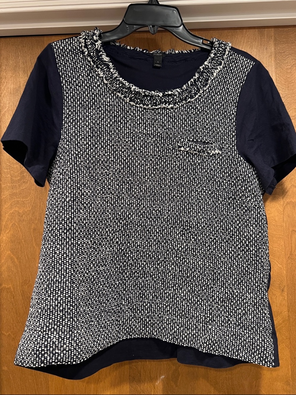 Silk + Cotton J. Crew Navy and White Tweed Short-Sleeve Top